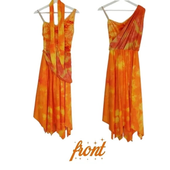 Theatrical Marbled Velour Top Asymmetrical Dress in Orange, Yellow - Picture 3 of 5